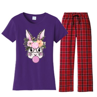 Cute Easter Bunny With Flower Crown And Bubblegum Women's Flannel Pajama Set