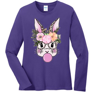 Cute Easter Bunny With Flower Crown And Bubblegum Ladies Long Sleeve Shirt