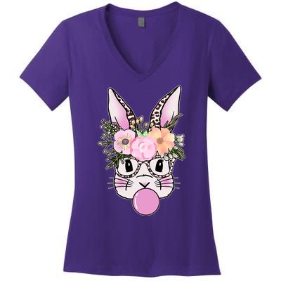 Cute Easter Bunny With Flower Crown And Bubblegum Women's V-Neck T-Shirt