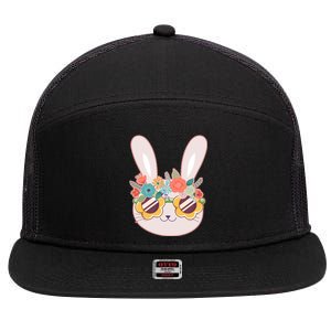 Cute Easter Bunny With Flower Crown And Sunglasses 7 Panel Mesh Trucker Snapback Hat