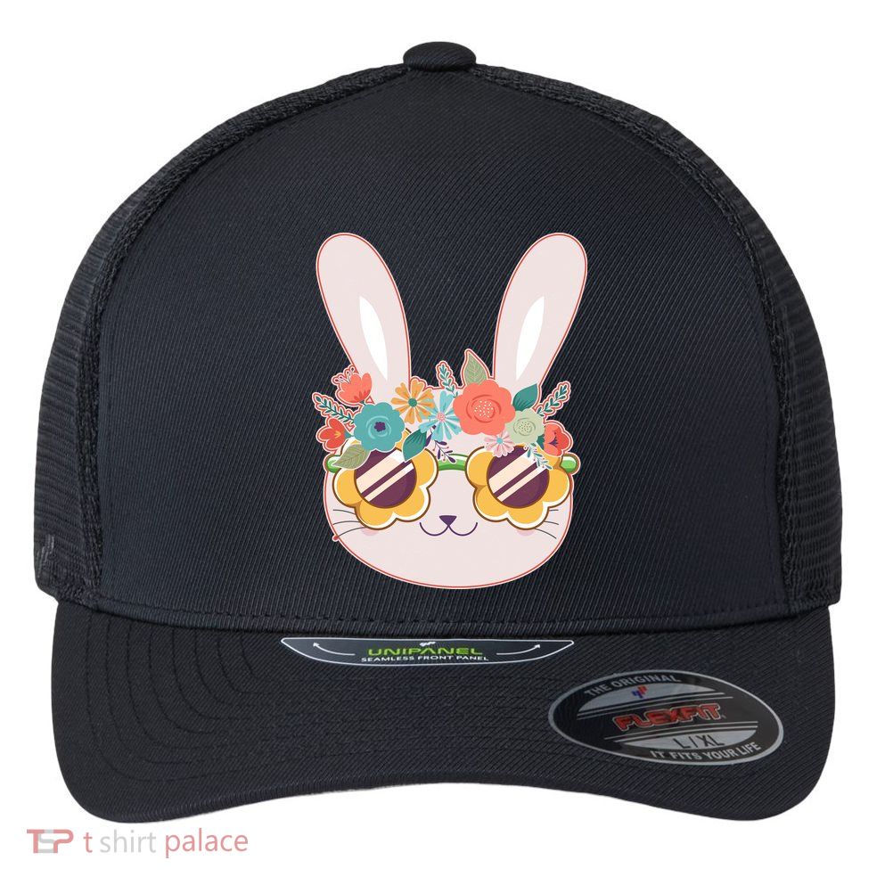 Cute Easter Bunny With Flower Crown And Sunglasses Flexfit Unipanel Trucker Cap