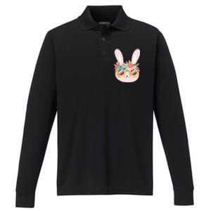 Cute Easter Bunny With Flower Crown And Sunglasses Performance Long Sleeve Polo