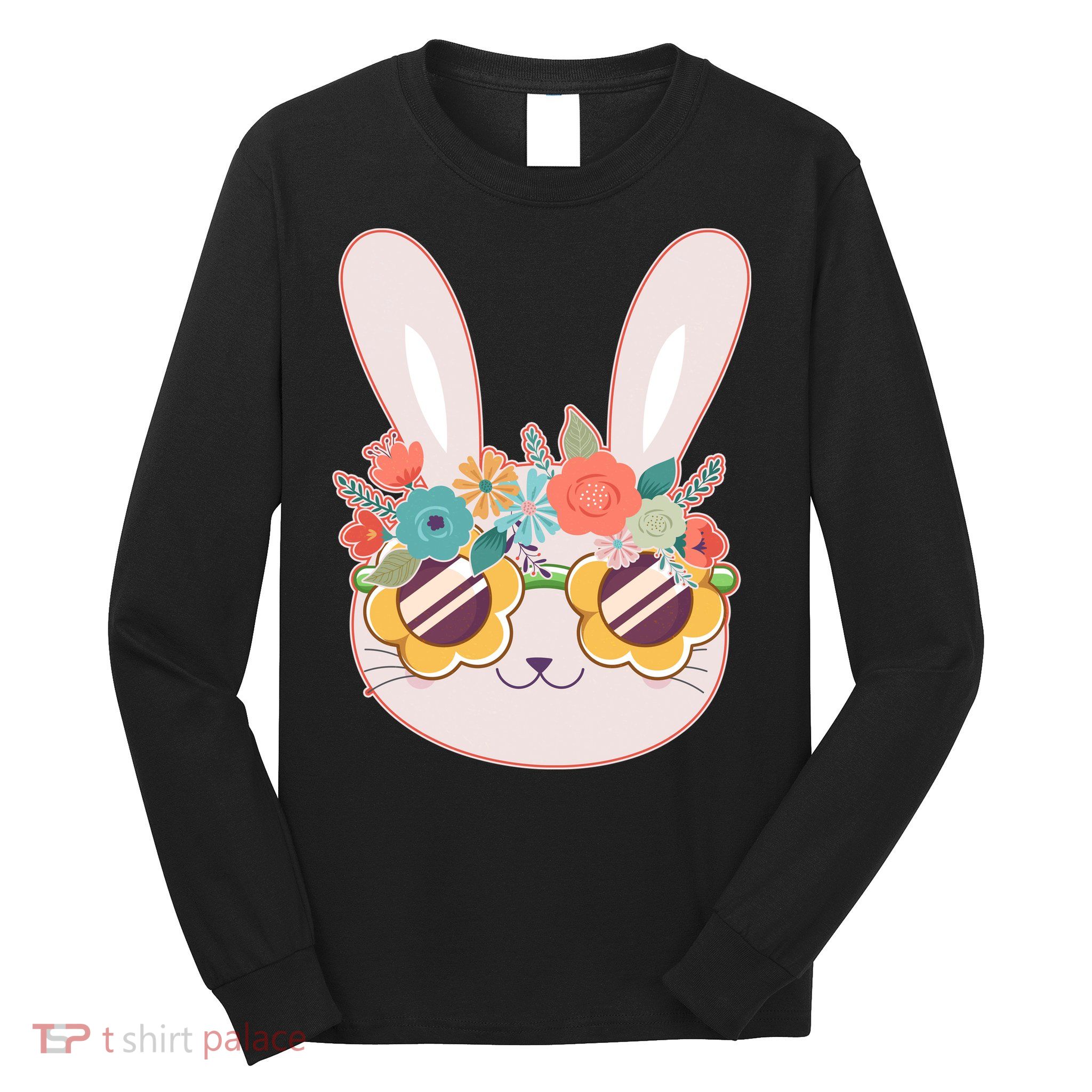 Cute Easter Bunny With Flower Crown And Sunglasses Long Sleeve Shirt