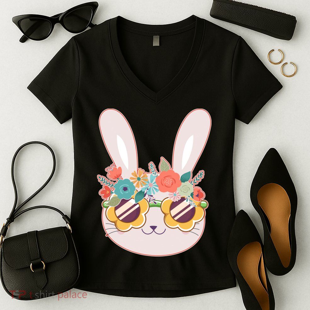 Cute Easter Bunny With Flower Crown And Sunglasses Women's V-Neck T-Shirt