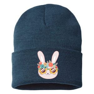 Cute Easter Bunny With Flower Crown And Sunglasses Sustainable Knit Beanie