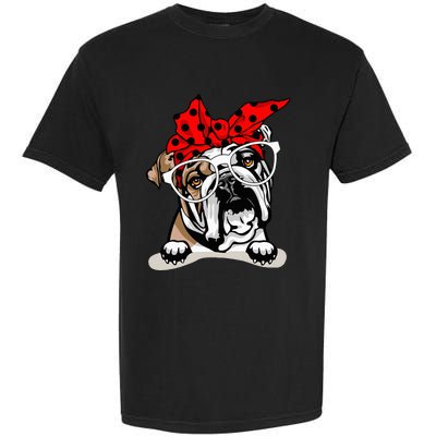 Cute English Bulldog Xmas Red Plaid Headband And Glasses Garment-Dyed Heavyweight T-Shirt