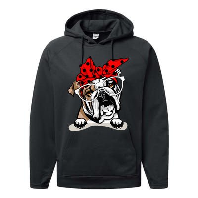 Cute English Bulldog Xmas Red Plaid Headband And Glasses Performance Fleece Hoodie