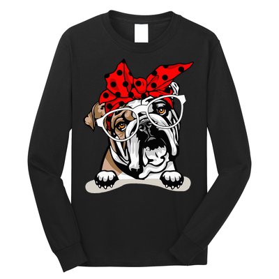 Cute English Bulldog Xmas Red Plaid Headband And Glasses Long Sleeve Shirt