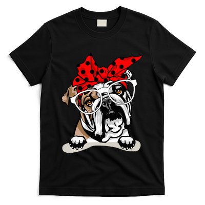 Cute English Bulldog Xmas Red Plaid Headband And Glasses T-Shirt