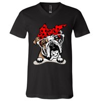 Cute English Bulldog Xmas Red Plaid Headband And Glasses V-Neck T-Shirt