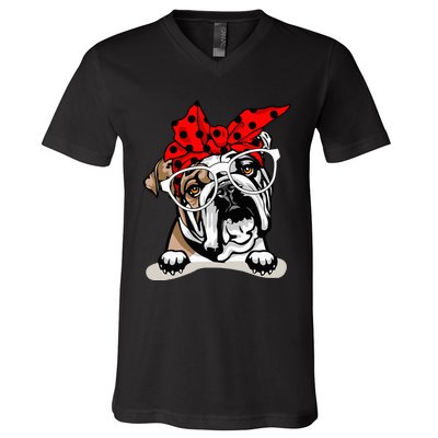 Cute English Bulldog Xmas Red Plaid Headband And Glasses V-Neck T-Shirt