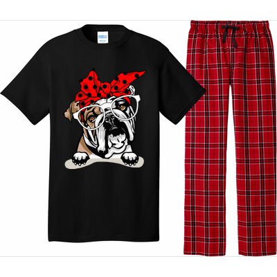 Cute English Bulldog Xmas Red Plaid Headband And Glasses Pajama Set