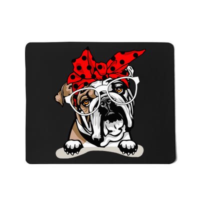 Cute English Bulldog Xmas Red Plaid Headband And Glasses Mousepad