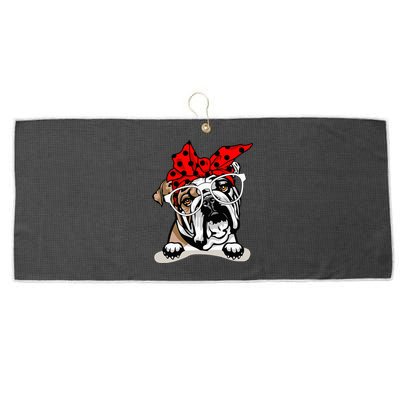 Cute English Bulldog Xmas Red Plaid Headband And Glasses Large Microfiber Waffle Golf Towel