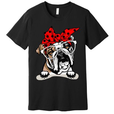 Cute English Bulldog Xmas Red Plaid Headband And Glasses Premium T-Shirt