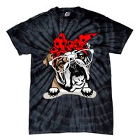 Cute English Bulldog Xmas Red Plaid Headband And Glasses Tie-Dye T-Shirt