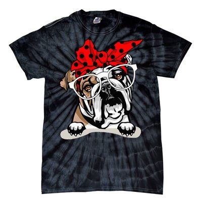 Cute English Bulldog Xmas Red Plaid Headband And Glasses Tie-Dye T-Shirt