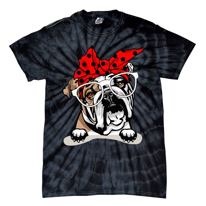 Cute English Bulldog Xmas Red Plaid Headband And Glasses Tie-Dye T-Shirt