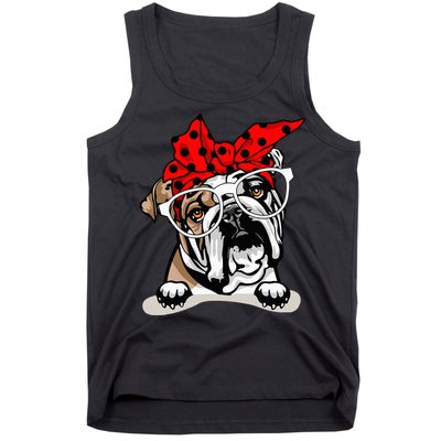 Cute English Bulldog Xmas Red Plaid Headband And Glasses Tank Top