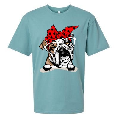 Cute English Bulldog Xmas Red Plaid Headband And Glasses Sueded Cloud Jersey T-Shirt