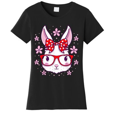 Cute Easter Bunny Face Glasses Bow Easter Day Rabbit Women's T-Shirt