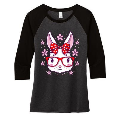 Cute Easter Bunny Face Glasses Bow Easter Day Rabbit Women's Tri-Blend 3/4-Sleeve Raglan Shirt