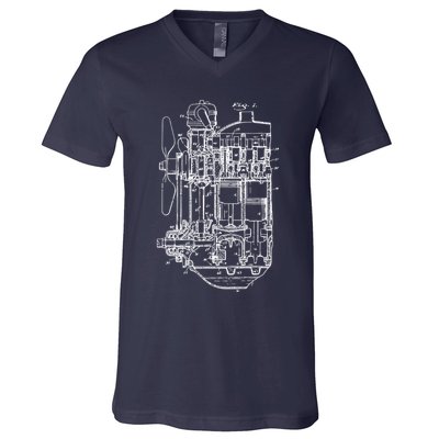 Car Engine Blueprint Car Auto Mechanic Garage Engineer V-Neck T-Shirt