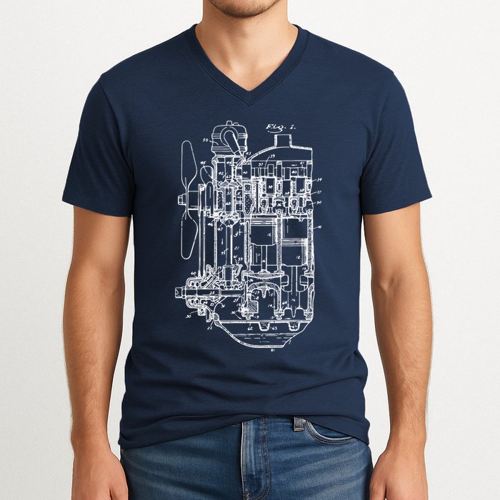 Car Engine Blueprint Car Auto Mechanic Garage Engineer V-Neck T-Shirt