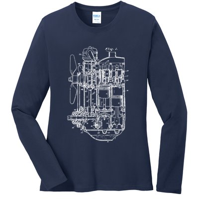 Car Engine Blueprint Car Auto Mechanic Garage Engineer Ladies Long Sleeve Shirt