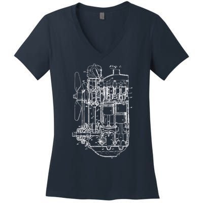 Car Engine Blueprint Car Auto Mechanic Garage Engineer Women's V-Neck T-Shirt