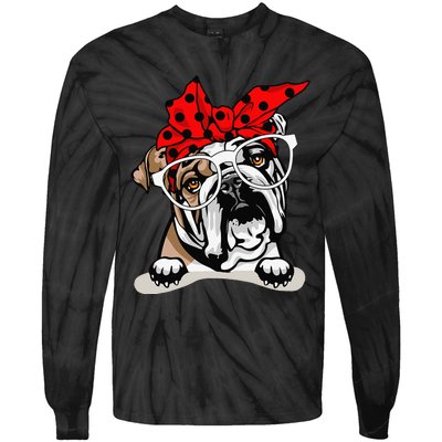 Cute English Bulldog Xmas Red Plaid Headband And Glasses Tie-Dye Long Sleeve Shirt