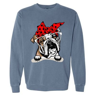 Cute English Bulldog Xmas Red Plaid Headband And Glasses Garment-Dyed Sweatshirt