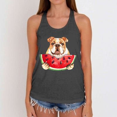 Cute English Bulldog Dog & Watermelon Tropical Fruits Lovers Women's Knotted Racerback Tank