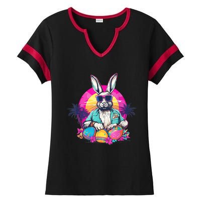 Cute Easter Bunny Retro Miami Look Colourful Eggs Ladies Halftime Notch Neck Tee