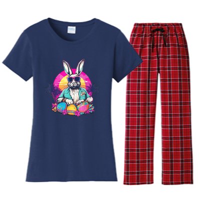 Cute Easter Bunny Retro Miami Look Colourful Eggs Women's Flannel Pajama Set