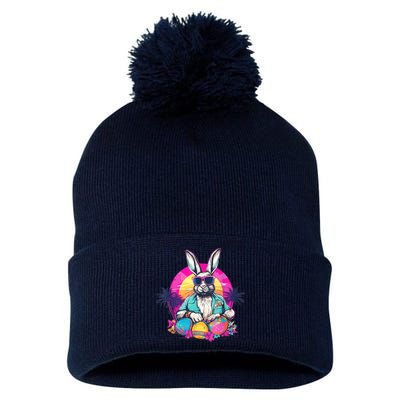 Cute Easter Bunny Retro Miami Look Colourful Eggs Pom Pom 12in Knit Beanie