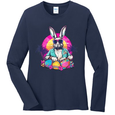 Cute Easter Bunny Retro Miami Look Colourful Eggs Ladies Long Sleeve Shirt