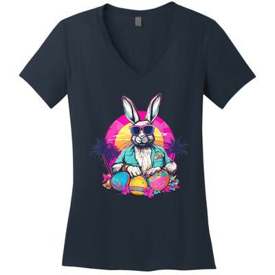 Cute Easter Bunny Retro Miami Look Colourful Eggs Women's V-Neck T-Shirt