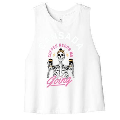 Cansada Eternal Brew Skeleton Sips And Rock And Roll Gift Women's Racerback Cropped Tank