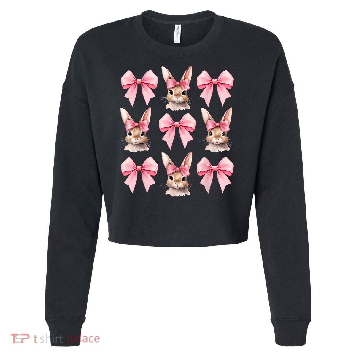Cute Easter Bunny Face Coquette Bow Easter Day Girls Women Cropped Pullover Crew