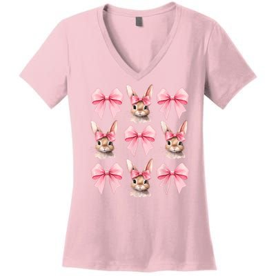 Cute Easter Bunny Face Coquette Bow Easter Day Girls Women Women's V-Neck T-Shirt