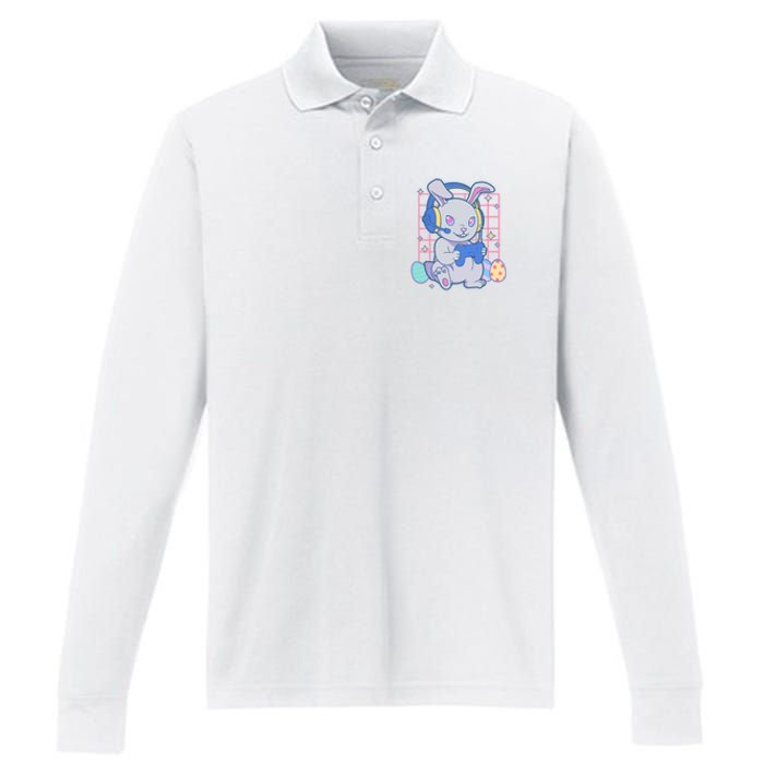 Cute Easter Bunny Rabbit Gamer Performance Long Sleeve Polo