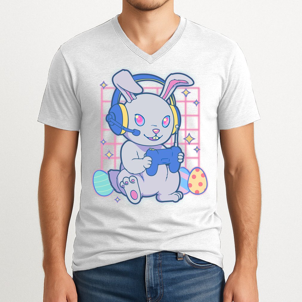 Cute Easter Bunny Rabbit Gamer V-Neck T-Shirt