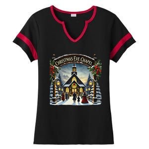 Christmas Eve Chapel Holiday Scene Ladies Halftime Notch Neck Tee