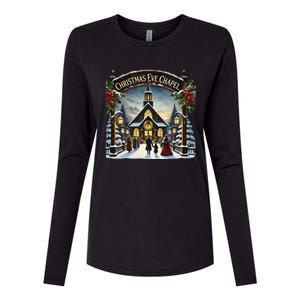 Christmas Eve Chapel Holiday Scene Womens Cotton Relaxed Long Sleeve T-Shirt