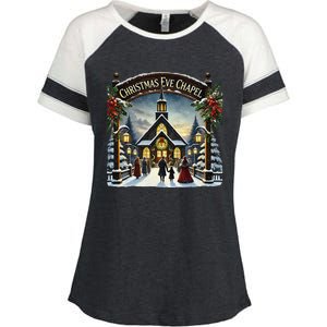 Christmas Eve Chapel Holiday Scene Enza Ladies Jersey Colorblock Tee