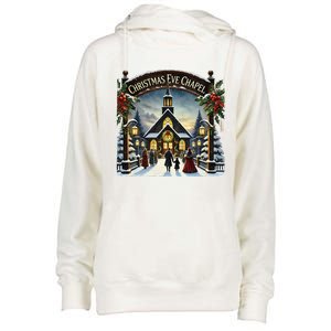 Christmas Eve Chapel Holiday Scene Womens Funnel Neck Pullover Hood