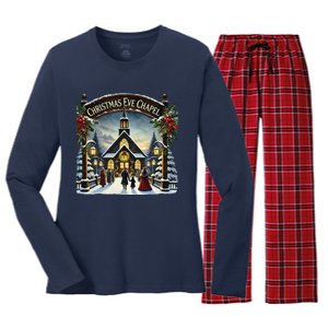 Christmas Eve Chapel Holiday Scene Women's Long Sleeve Flannel Pajama Set 