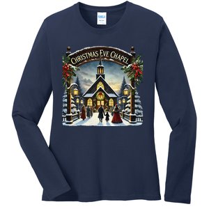 Christmas Eve Chapel Holiday Scene Ladies Long Sleeve Shirt