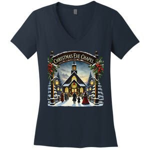 Christmas Eve Chapel Holiday Scene Women's V-Neck T-Shirt